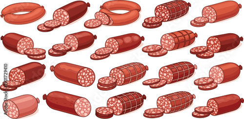 Assorted meat products arranged neatly on a clean white surface from a top-down viewpoint