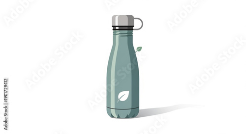 Reusable green metal water bottle with silver lid and leaf logo on white background for hydration and eco friendly living