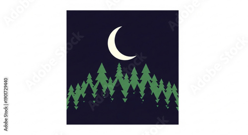 Nighttime forest landscape with crescent moon and green trees under starry dark blue sky