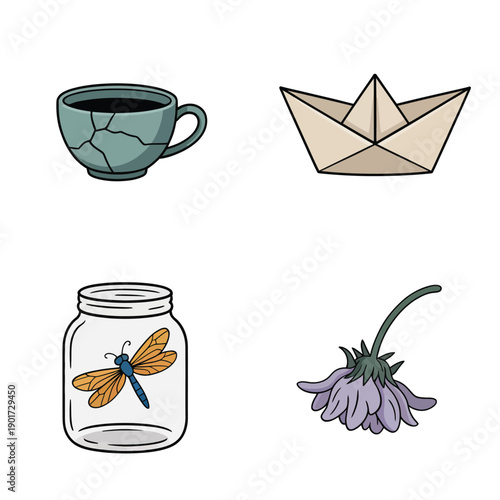 Mindful afternoon set with tea cup, paper boat craft, bug jar, wildflower sprig, kids nature workshop session, storytelling circle