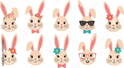 Collection of diverse cartoon rabbit faces with various accessories and expressions