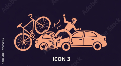 Car accident with cyclist and bicycle involved in collision.