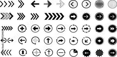Collection of various black icons representing navigation, directions, and actions on a plain background