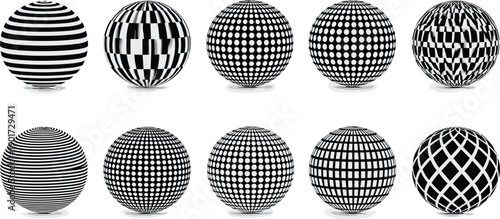 Collection of diverse black and white patterned spheres displayed on a plain surface from a top viewpoint