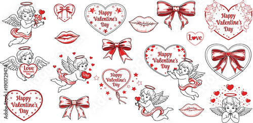Collection of Valentine's Day themed illustrations featuring hearts, cherubs, and romantic symbols in red and black on a clean background