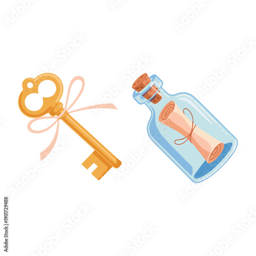 Golden key with tiny message bottle, treasure hunt party icon, escape room event poster, mystery solving session, clue cards