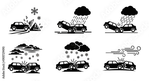 Car Accidents Caused by Various Weather Conditions Icons.