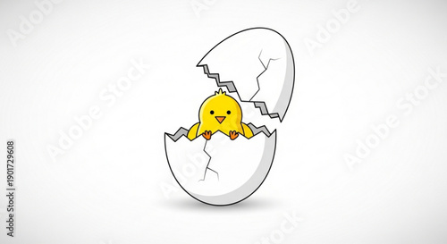 Smiling yellow chick hatches from cracked white eggshell on plain background