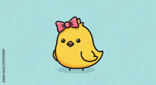 Cute yellow chick with pink bow on head standing on light blue background smiling