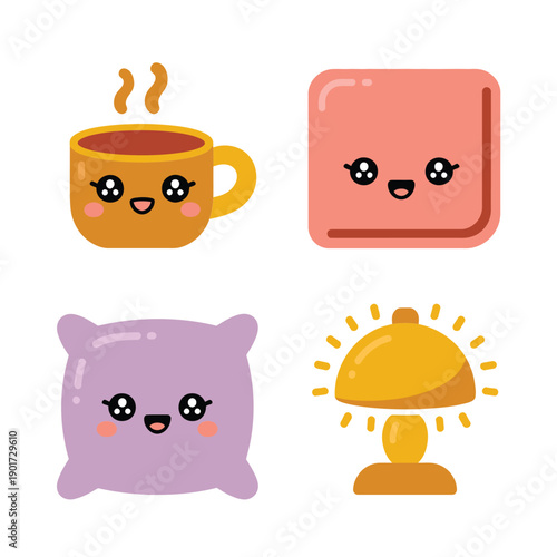Kawaii home comfort icon set with coffee mug, smiling pillow, small desk lamp, cute square face, cozy morning design