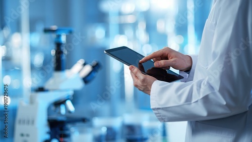 Scientist Using Tablet In Laboratory With Scientific Equipment And Microscope