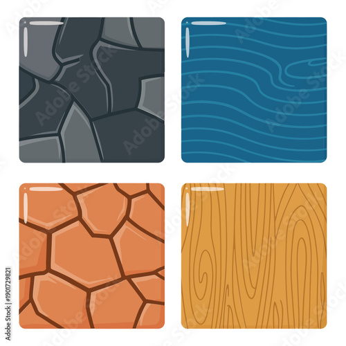 Polygon rock, ocean wave lines, cracked desert earth and wood plank textures, seamless vector tiles for game design, interfaces, printing