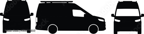 Commercial cargo van silhouette vector set showing front side and rear views isolated for delivery logistics service transport design
