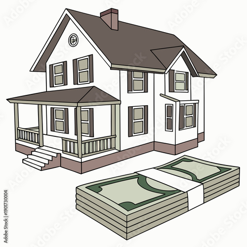 White house with brown roof and money banknotes stack