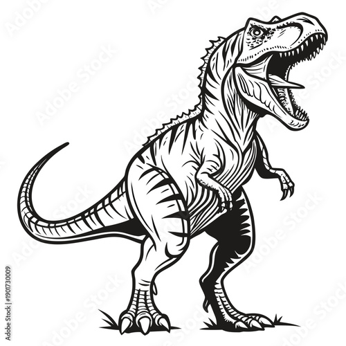 Black and white of a roaring tyrannosaurus rex standing on grass