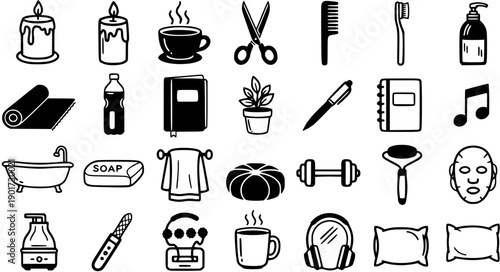 Hand-Drawn Black  White Line Art Self-Care and Wellness Icon Set for Lifestyle, Relaxation, Beauty, and Daily Routines
