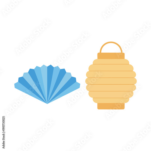 Folding hand fan and paper lantern vector set, festival decor icons for spring celebration, wedding invitation, cultural event branding
