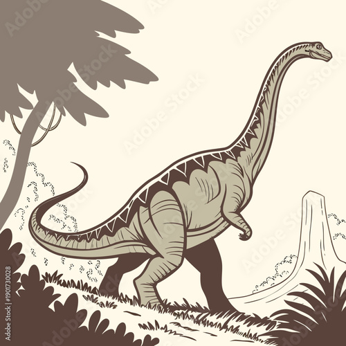 Brown dinosaur side view with long neck and tail in prehistoric landscape