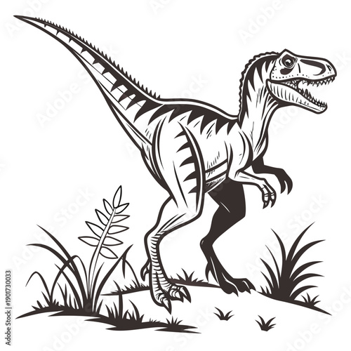 Black and white of theropod dinosaur in hunting stance 1