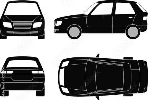 Compact hatchback car silhouette vector set showing front side rear and top views isolated for automotive design and transport graphics