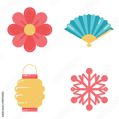 Festival icon pack with flower, folding fan, paper lantern, snowflake ornament, colorful celebration vector for poster, banner, invitation design