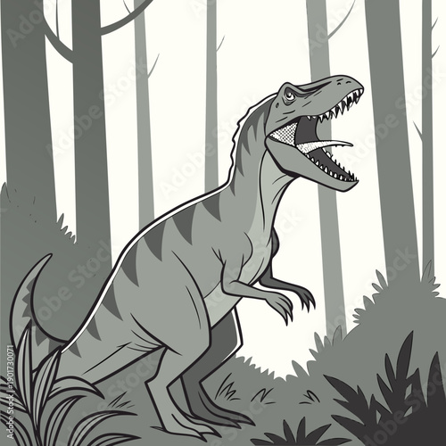 Gray dinosaur standing in forest with mouth open trees