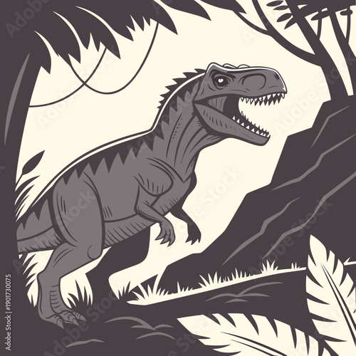 Gray dinosaur standing in defensive pose among trees and foliage