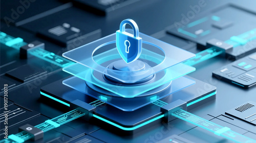 Conceptual rendering depicting advanced cybersecurity protecting enterprise network infrastructure symbolizing defense against digital threats ensuring data integrity in high-tech environment