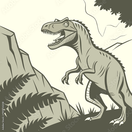 Monochromatic of a predatory dinosaur in a defensive pose on a cliff