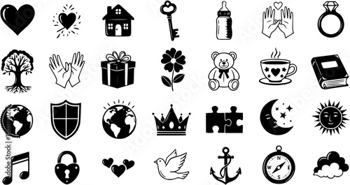 General Lifestyle, Love, Family, Nature  Travel Concepts Black  White Glyph Icon Set - Diverse Universal Symbols Collection
