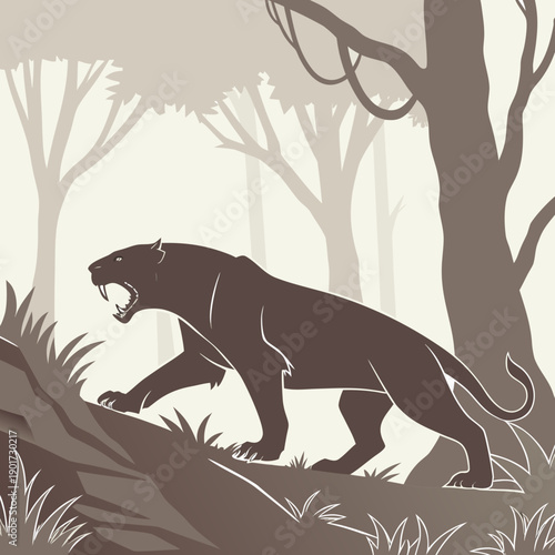 Prehistoric predator stalking through forest landscape