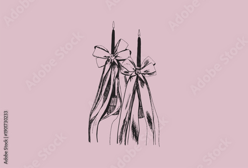 Hand drawn candle illustration. Vintage chandelier sketch. Candle clip art. Candle doodle. Line art, ink, minimalist style. Candles burning. Candelabra and candlestick. Ink sketch set isolated. Retro