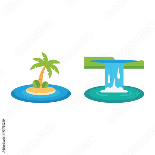 Tropical island and bamboo waterfall vector icons, palm on lagoon, water feature, summer travel clipart for poster, invitation design