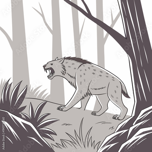 Prehistoric predator stalking through forest with open mouth