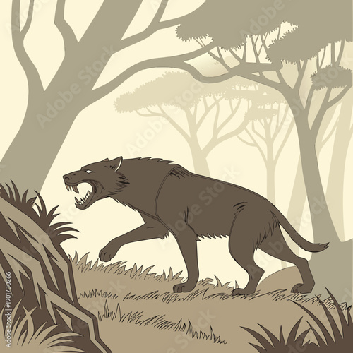Prehistoric predator stalking through trees with open mouth