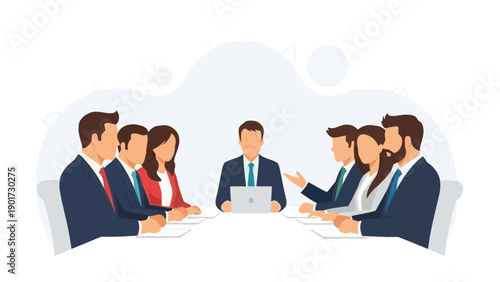 Business Meeting: Team Collaboration Around Conference Table with Laptop