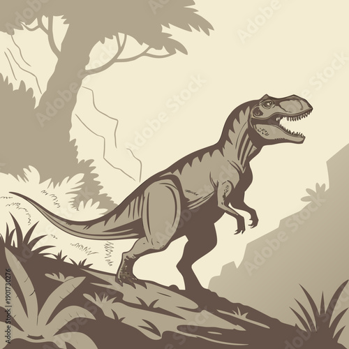 T rex standing on rocky outcrop in prehistoric landscape