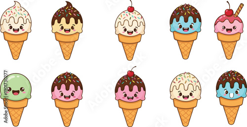 Cute kawaii ice cream cone characters illustration set, cartoon dessert flavors smiling faces vector isolated on white background