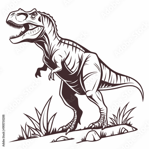 T rex stepping forward on grassy terrain with rocks