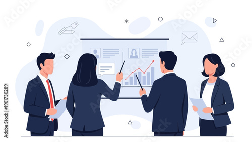 Business Meeting: Team Discussing Growth on Presentation Board