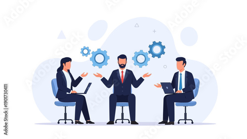 Business Team Collaboration and Strategy Meeting with Gears Illustration
