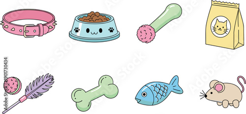 Cute kawaii pet accessories and toys set, cartoon cat dog food bowl collar treats illustration isolated on white background vector
