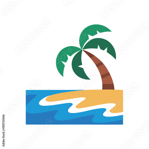 Tropical beach island with palm and waves, summer camp banner art, coastal cleanup event logo, snorkeling lesson session, family picnic