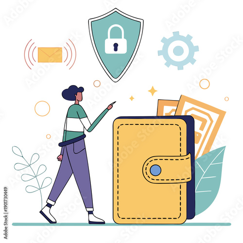 Person guarding digital wallet with shield and lock