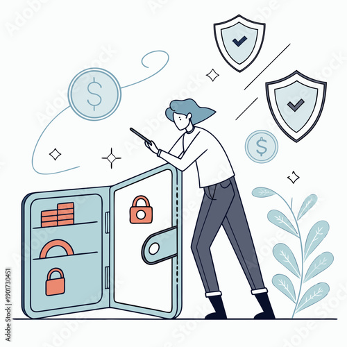 Person guarding digital safe with shields and money symbols