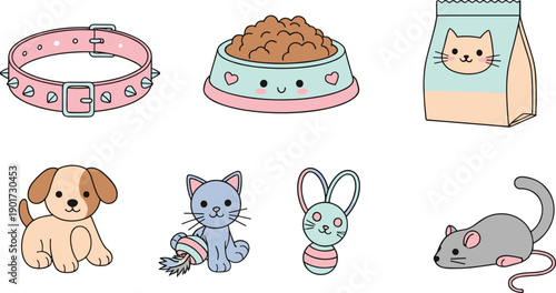 Cute kawaii pet accessories and animals illustration set, cartoon cat dog toys food collar vector isolated white background