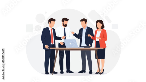 Business team meeting around laptop, collaboration and discussion