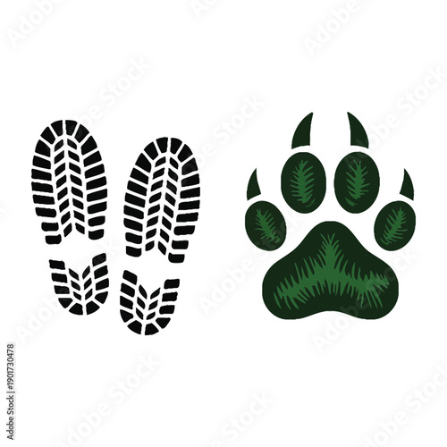 Boot prints and animal paw icon set, wildlife tracking workshop banner, nature trail event, ranger led session, outdoor education