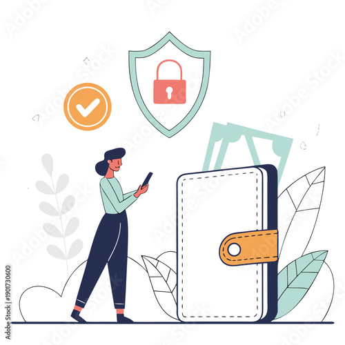 Woman guarding digital wallet with shield and lock