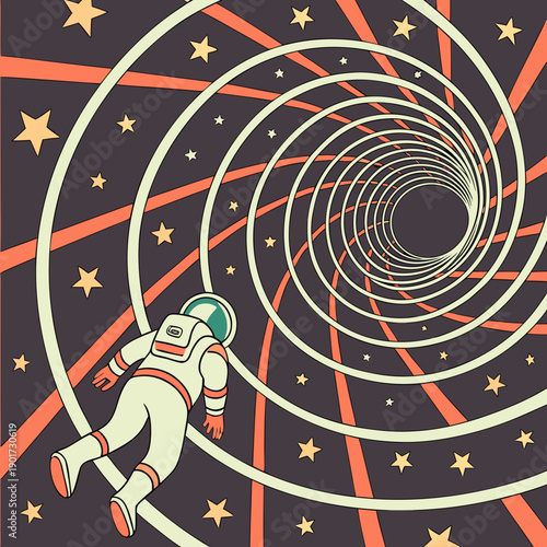 Astronaut floating through starry tunnel with spiral warp effect